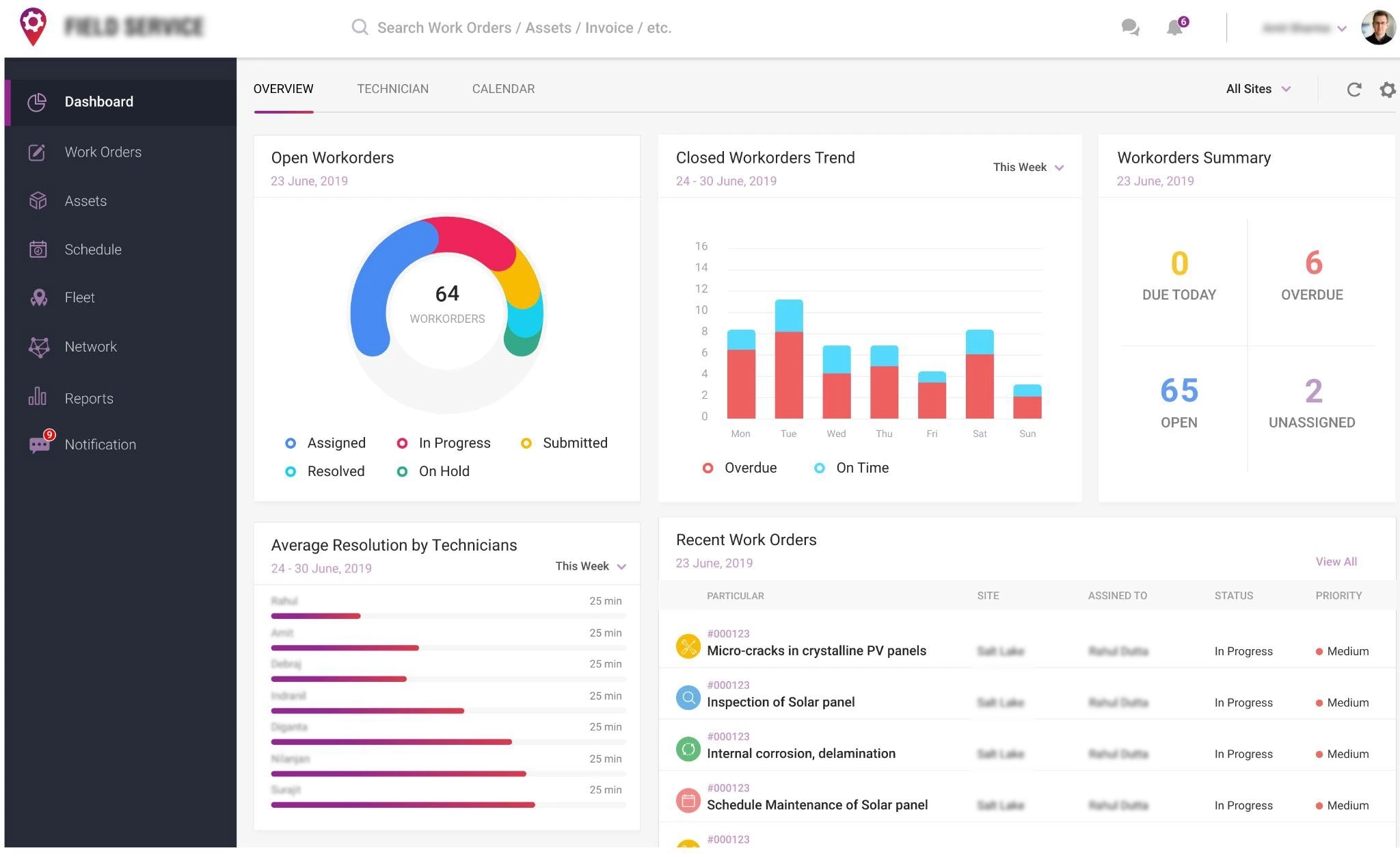 Field service and maintenance management interface