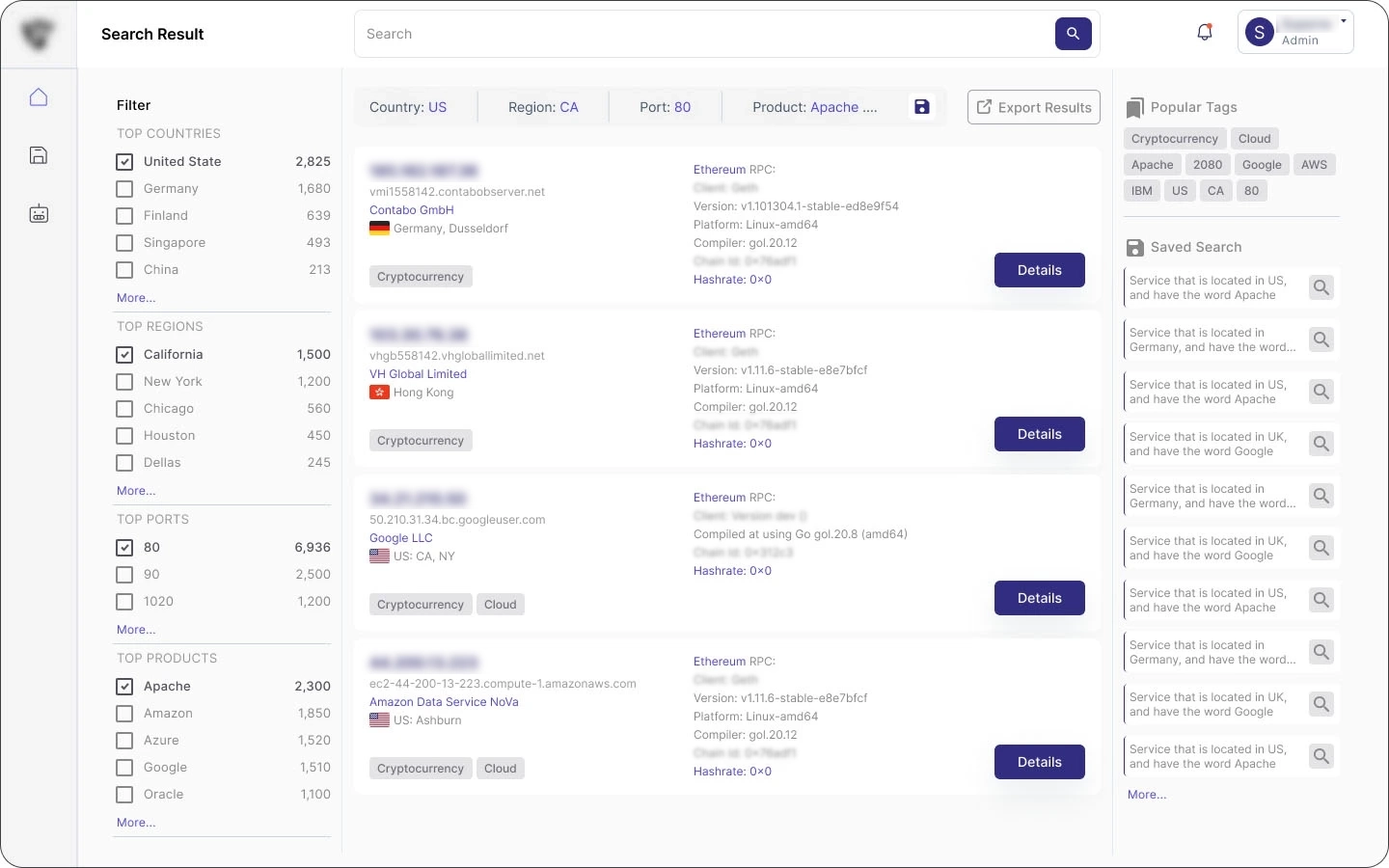 Network monitoring search results filtered by country, region, port, and product
